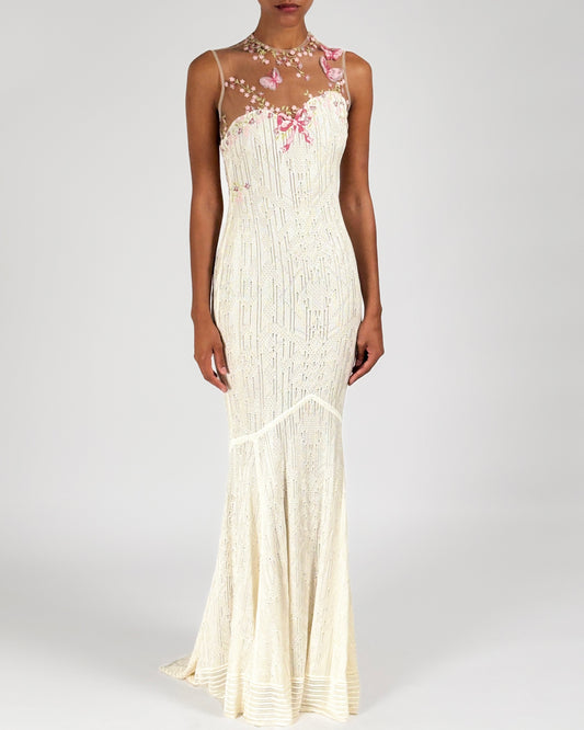 John Galliano 1998 Floral Embroidered Tulle Knit White Dress