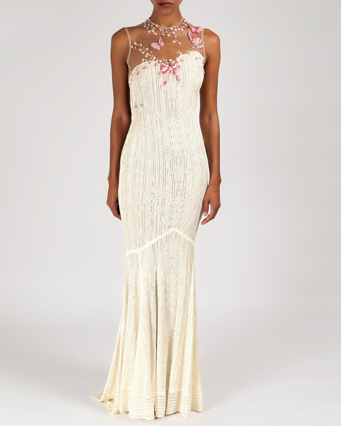 John Galliano 1998 Floral Embroidered Tulle Knit White Dress