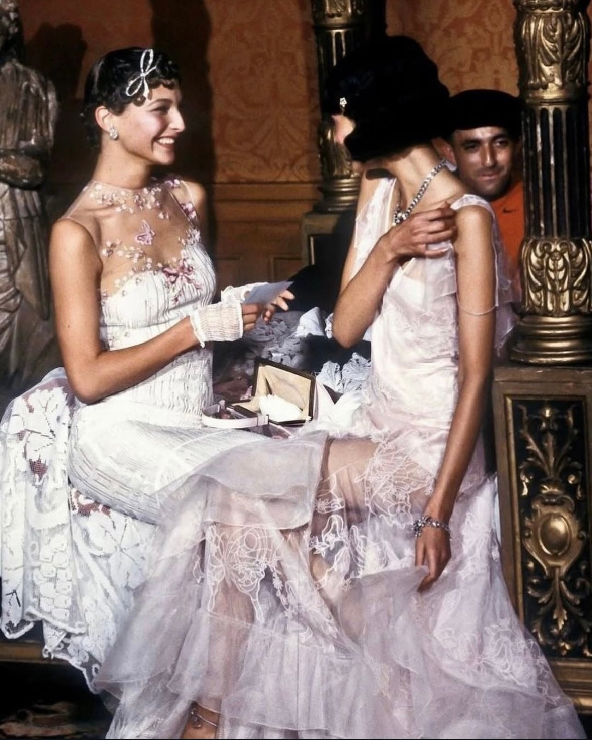 John Galliano 1998 Floral Embroidered Tulle Knit White Dress