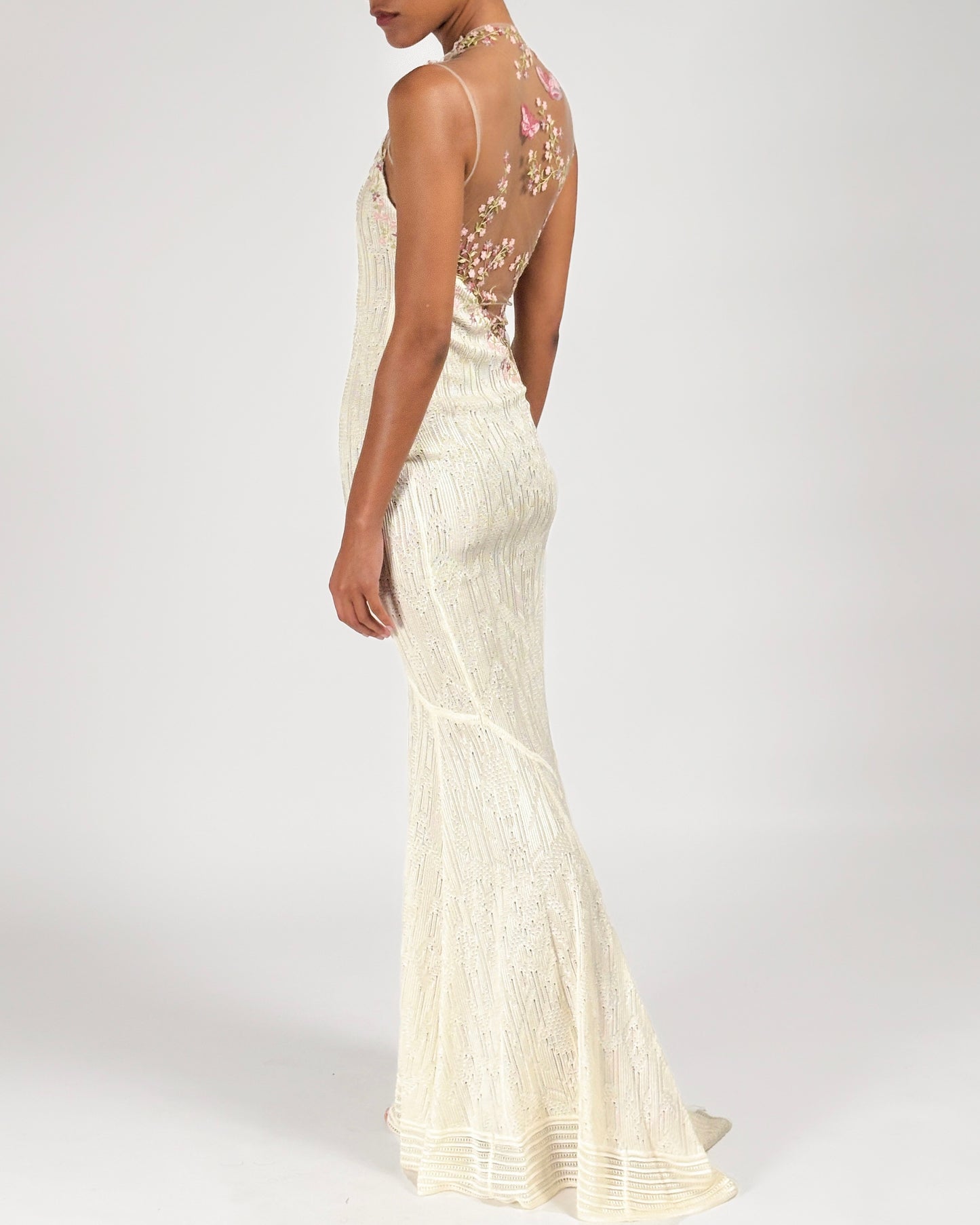 John Galliano 1998 Floral Embroidered Tulle Knit White Dress