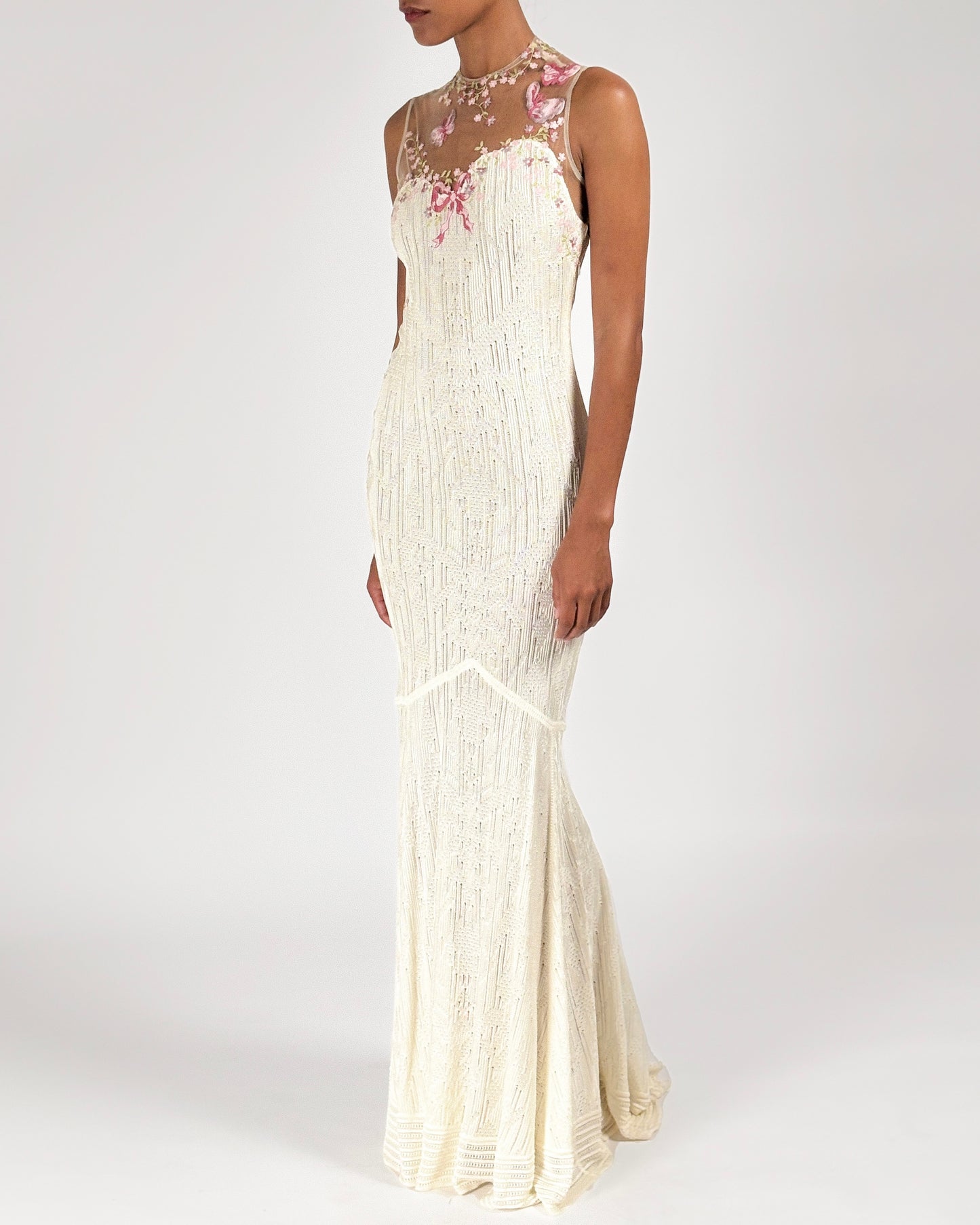 John Galliano 1998 Floral Embroidered Tulle Knit White Dress