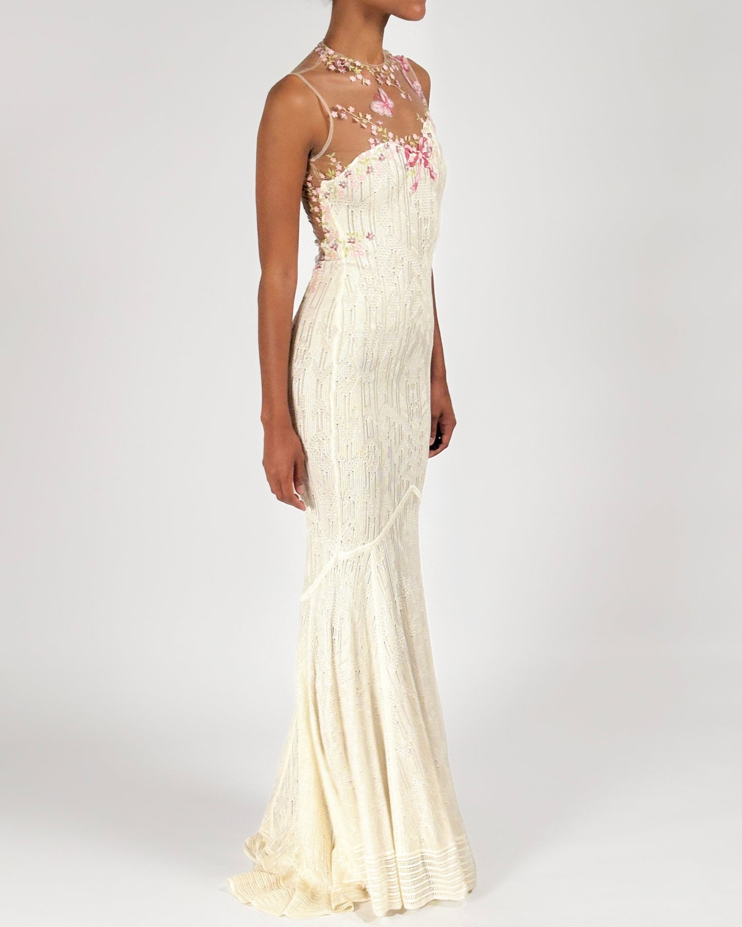 John Galliano 1998 Floral Embroidered Tulle Knit White Dress