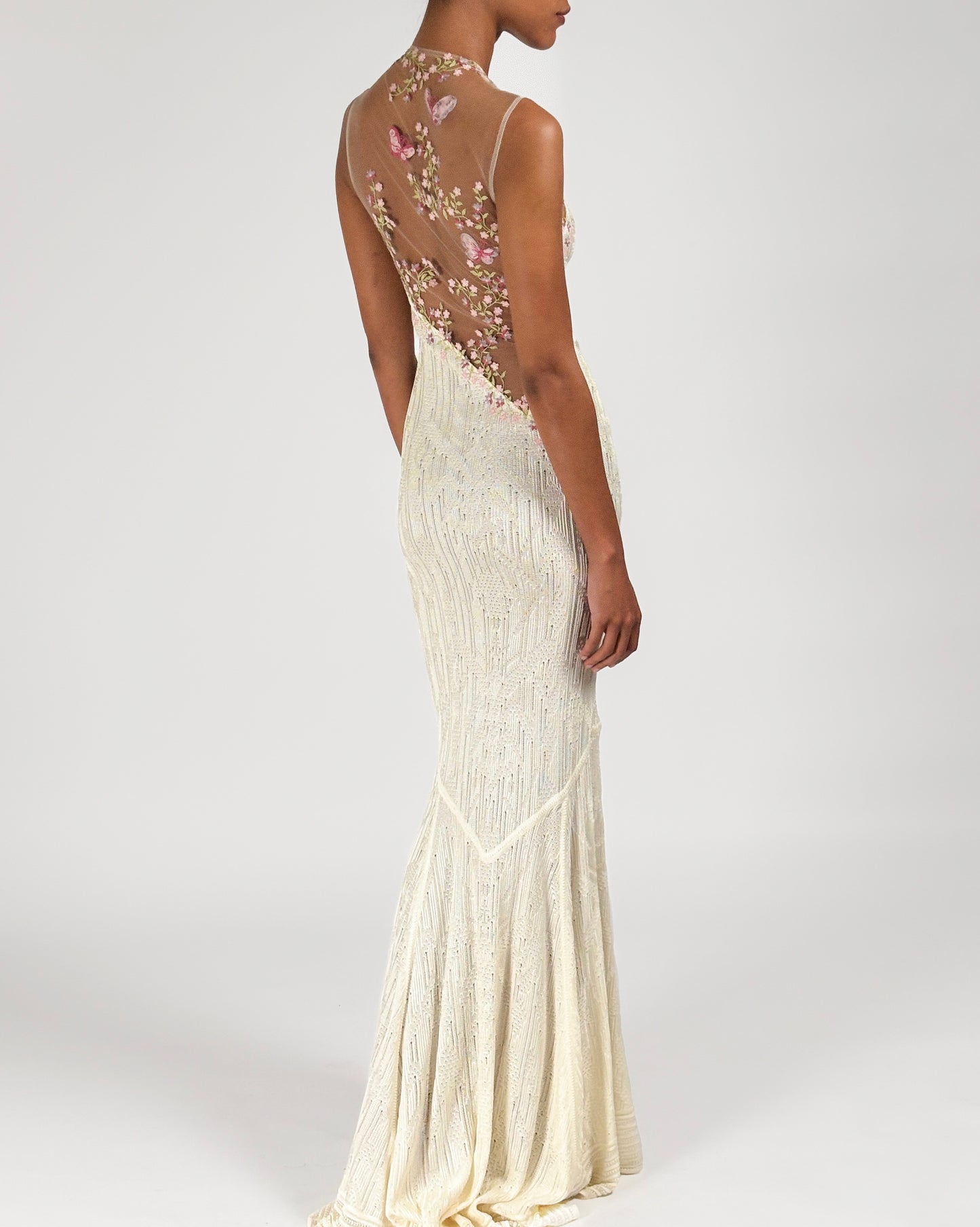 John Galliano 1998 Floral Embroidered Tulle Knit White Dress