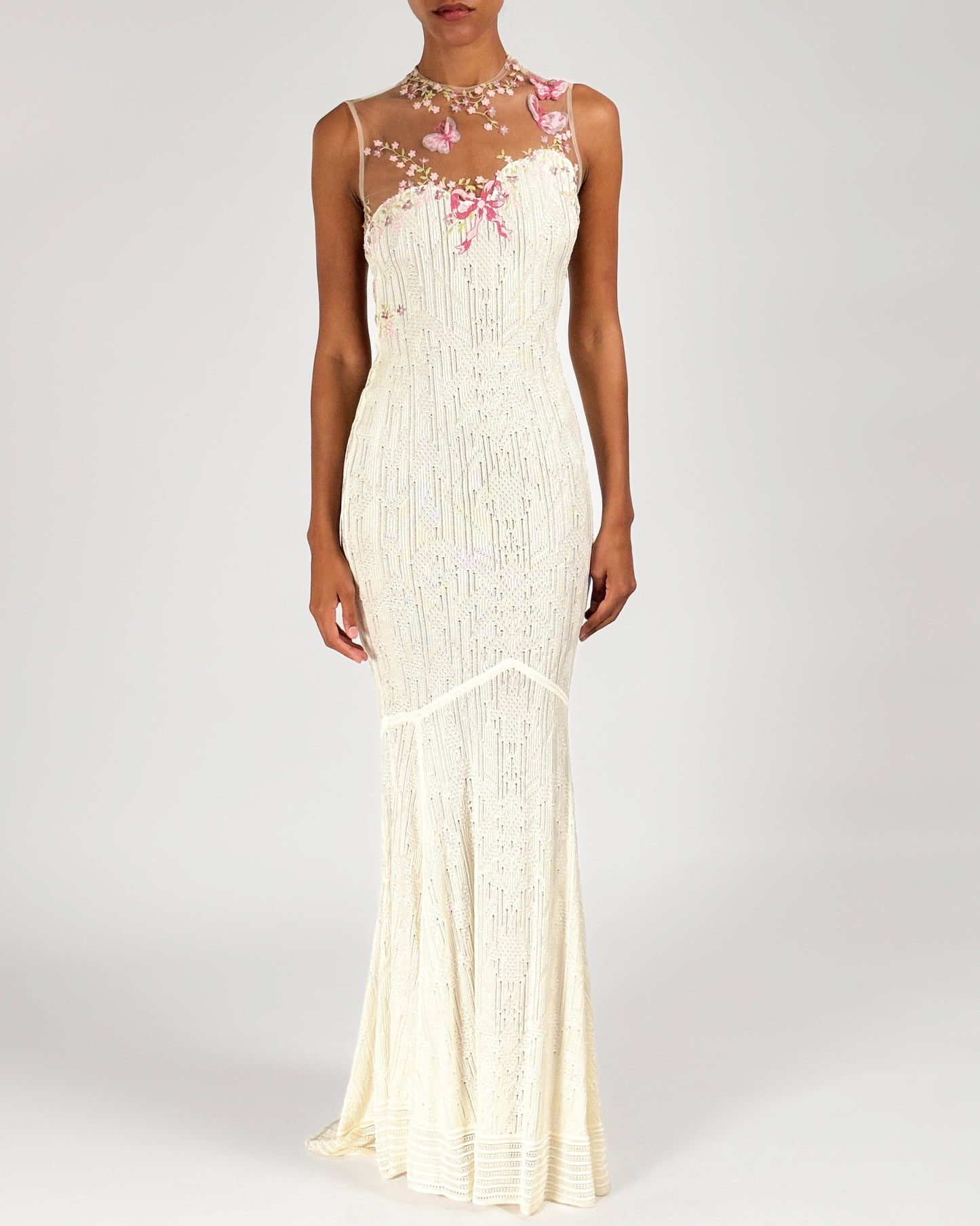 John Galliano 1998 Floral Embroidered Tulle Knit White Dress