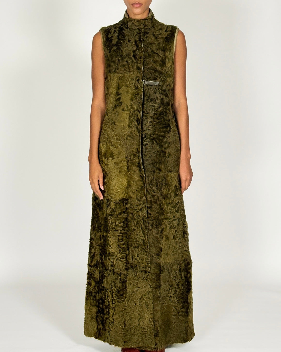 Prada 1999 Green Curly Shearling Sleeveless Coat
