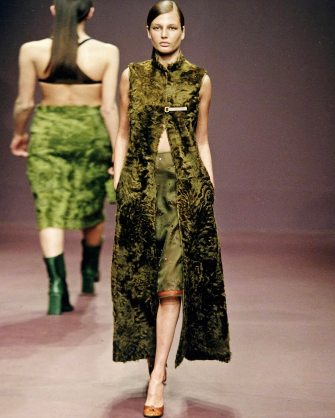 Prada 1999 Green Curly Shearling Sleeveless Coat
