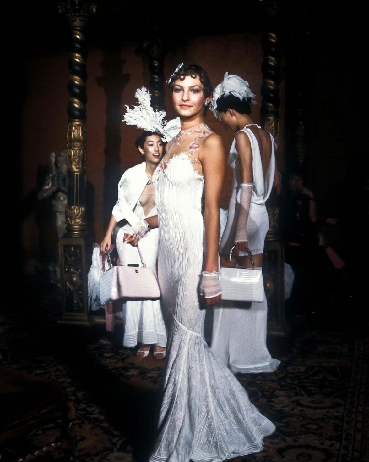 John Galliano 1998 Floral Embroidered Tulle Knit White Dress