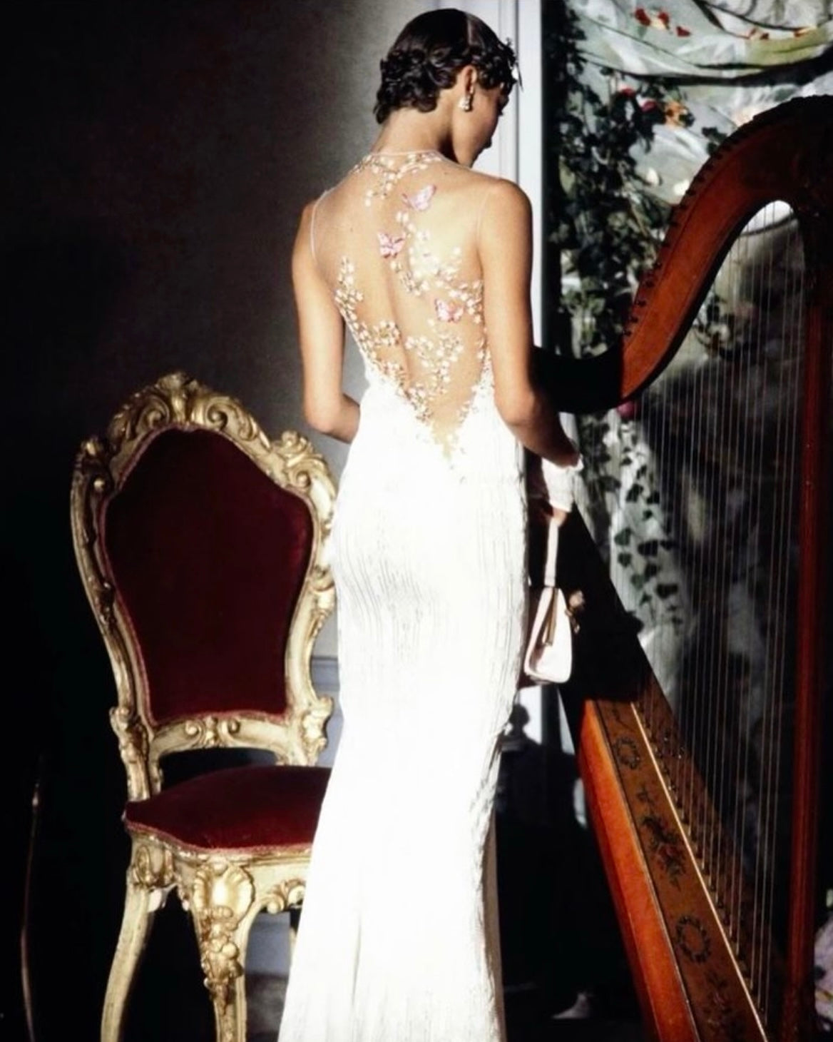 John Galliano 1998 Floral Embroidered Tulle Knit White Dress