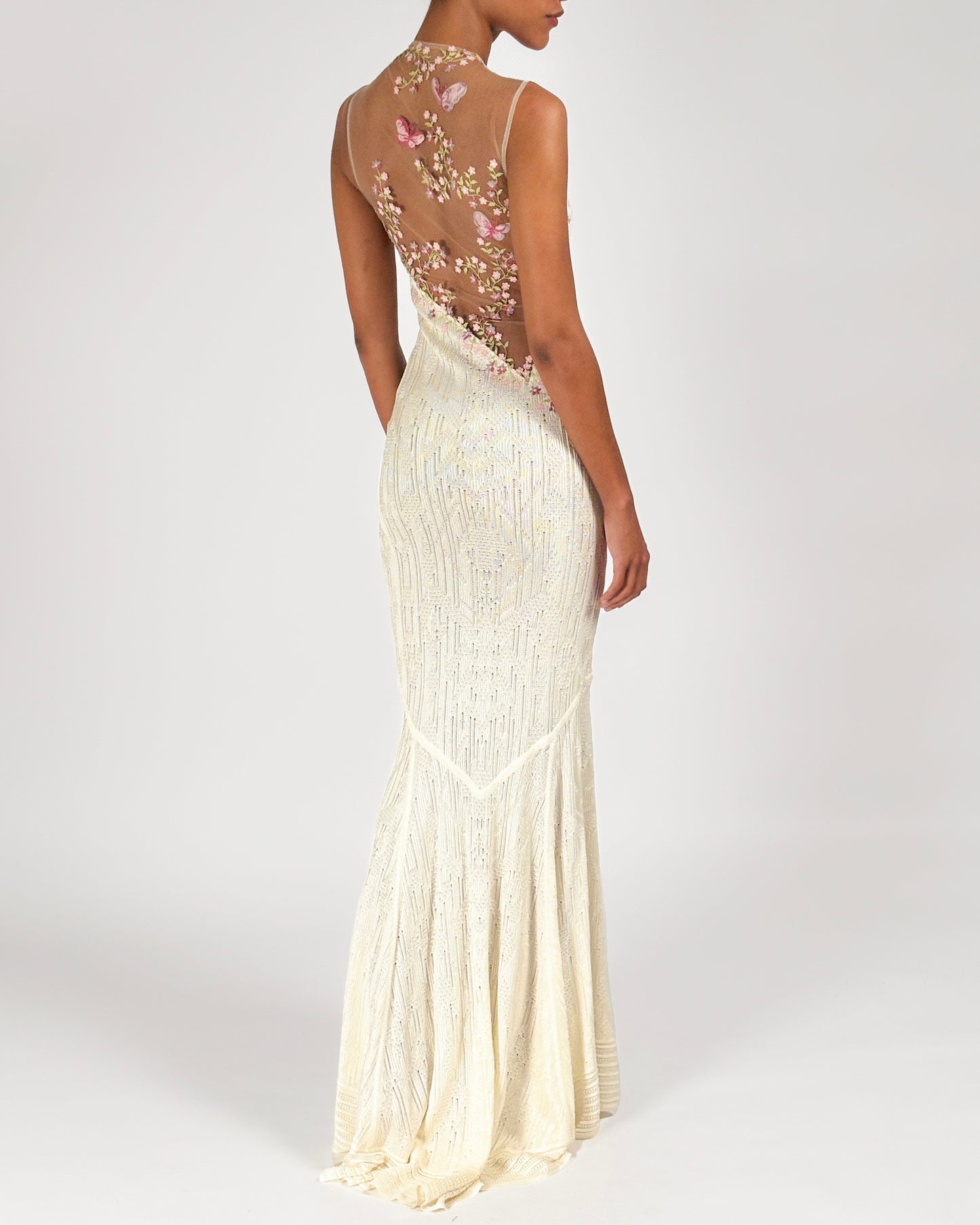 John Galliano 1998 Floral Embroidered Tulle Knit White Dress