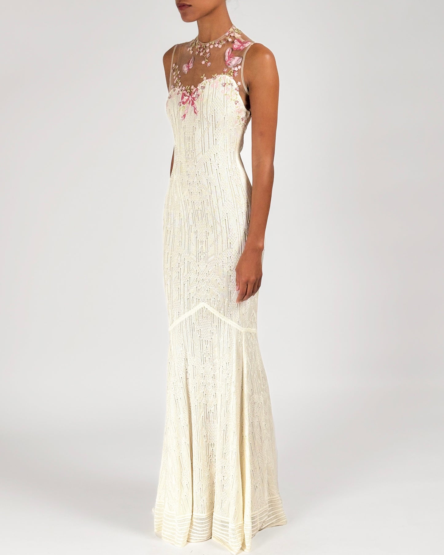 John Galliano 1998 Floral Embroidered Tulle Knit White Dress