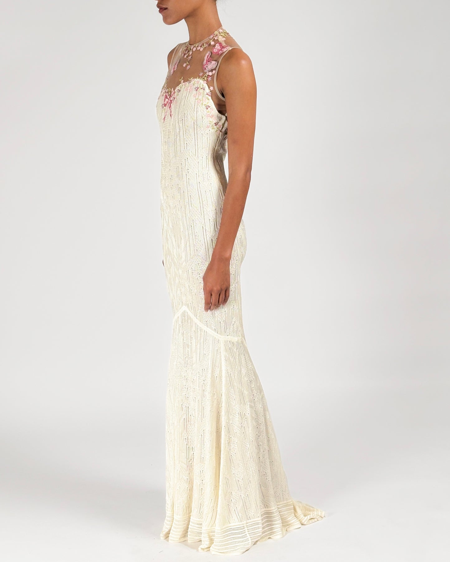 John Galliano 1998 Floral Embroidered Tulle Knit White Dress