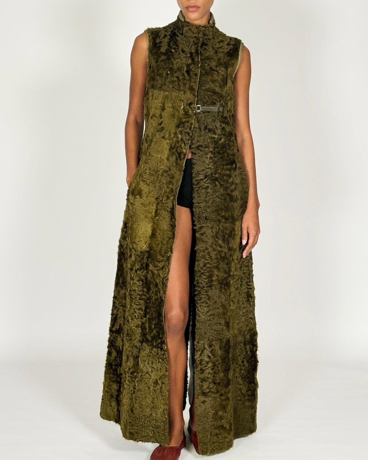 Prada 1999 Green Curly Shearling Sleeveless Coat