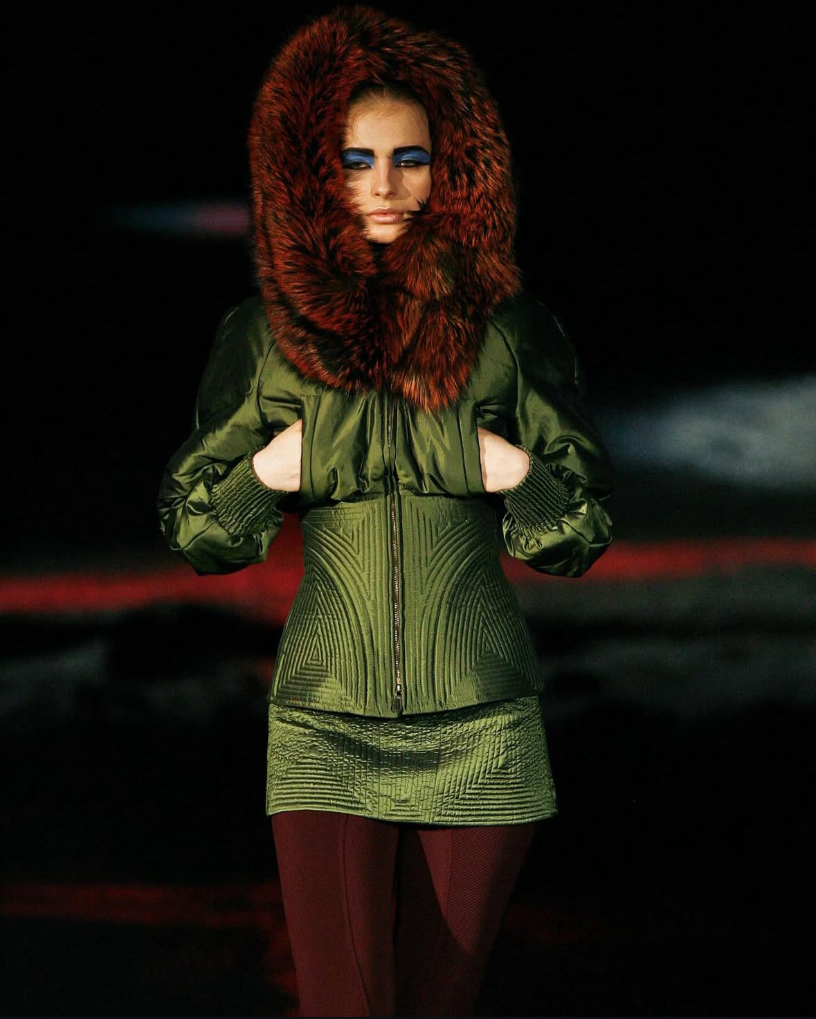 Alexander McQueen 2007 Blue Fox Fur Hood Bomber & Skirt Set