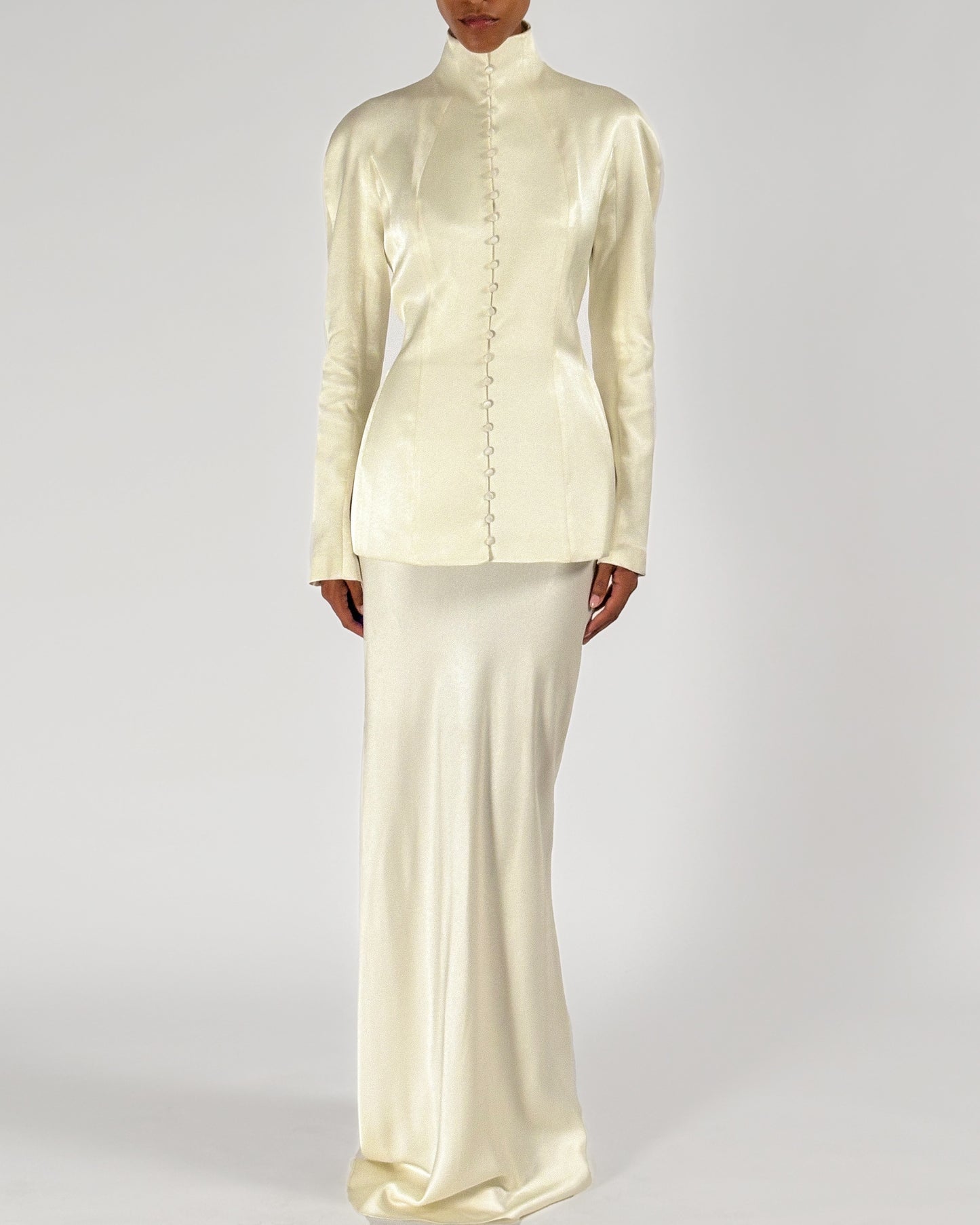John Galliano 1998 High Neck Satin Ivory Ensemble