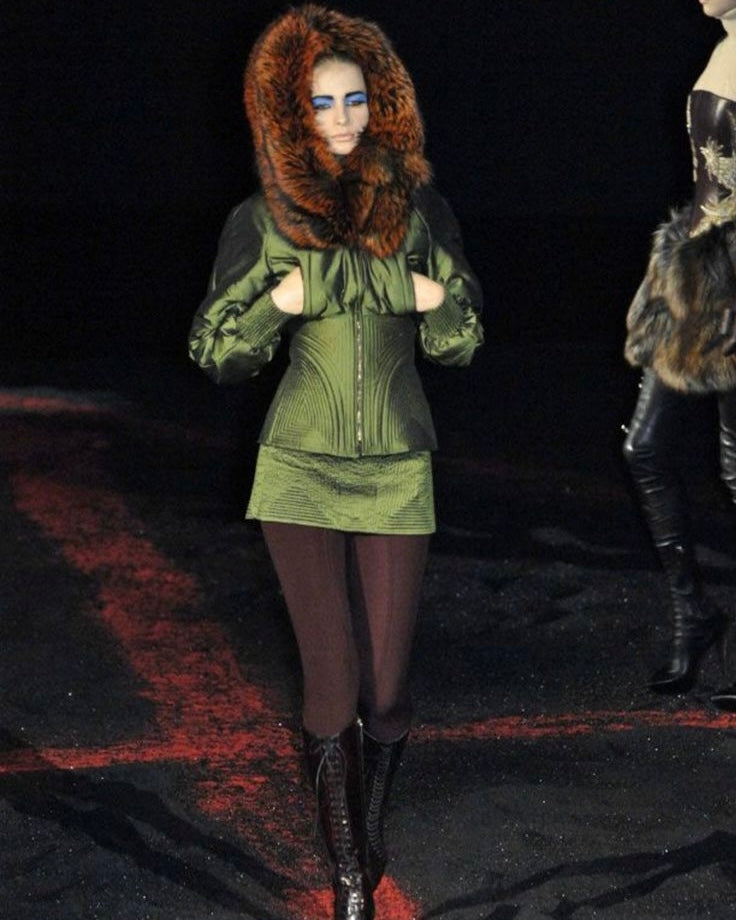 Alexander McQueen 2007 Blue Fox Fur Hood Bomber & Skirt Set