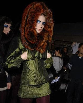 Alexander McQueen 2007 Blue Fox Fur Hood Bomber & Skirt Set