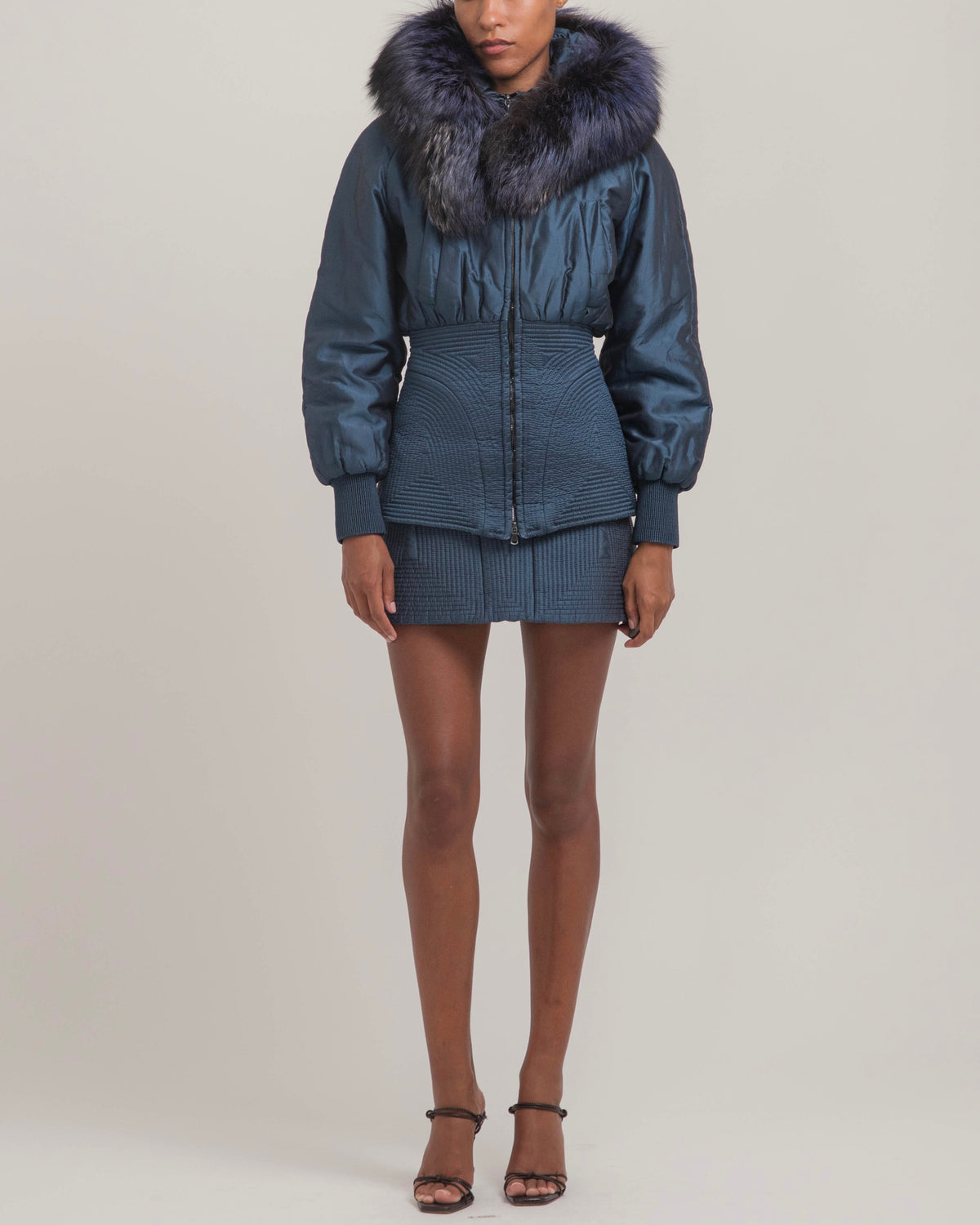 Alexander McQueen 2007 Blue Fox Fur Hood Bomber & Skirt Set
