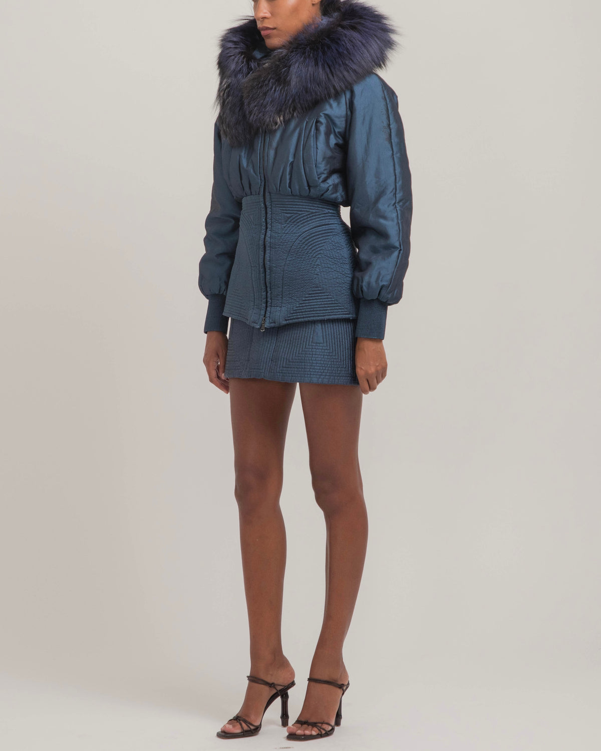 Alexander McQueen 2007 Blue Fox Fur Hood Bomber & Skirt Set