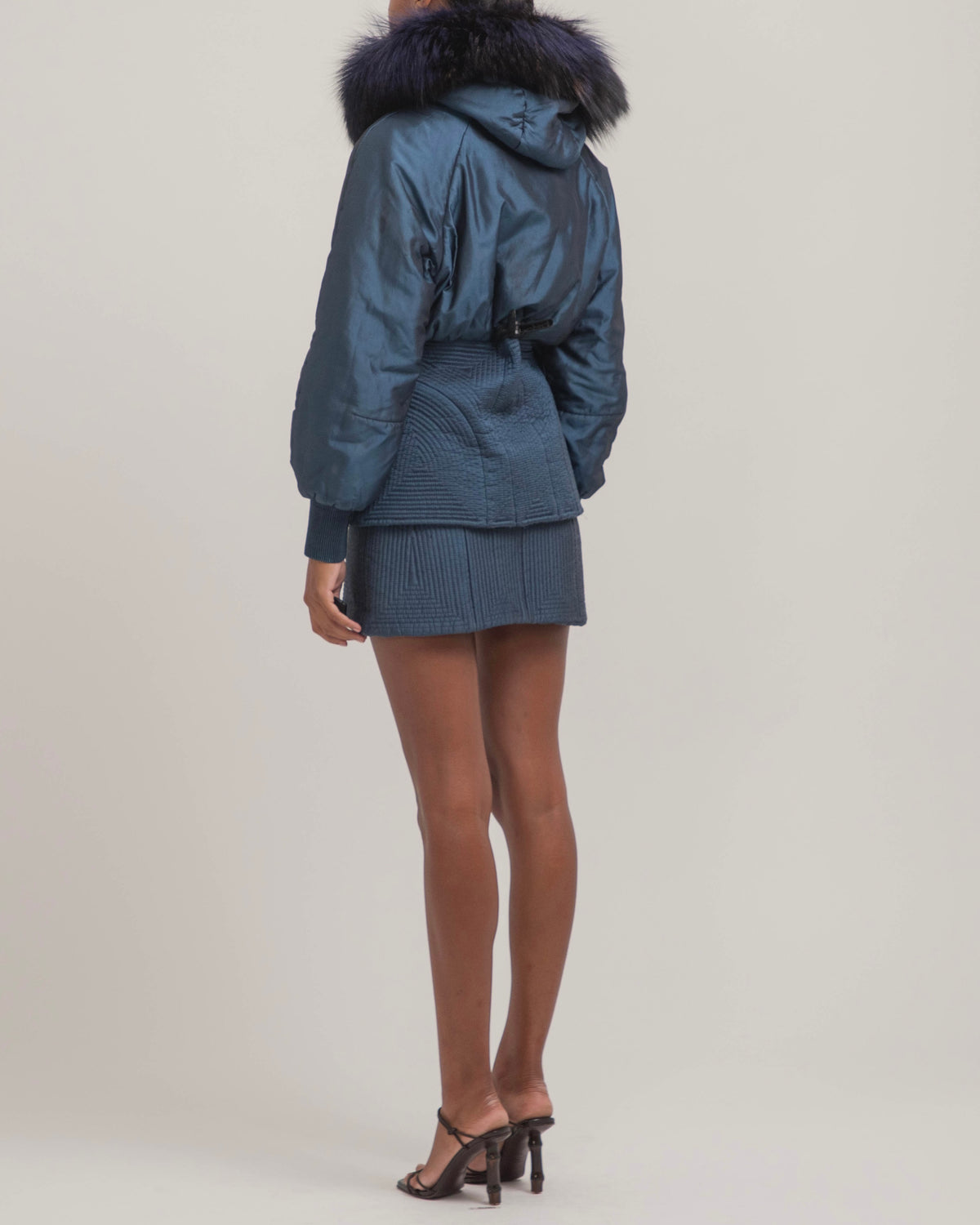 Alexander McQueen 2007 Blue Fox Fur Hood Bomber & Skirt Set