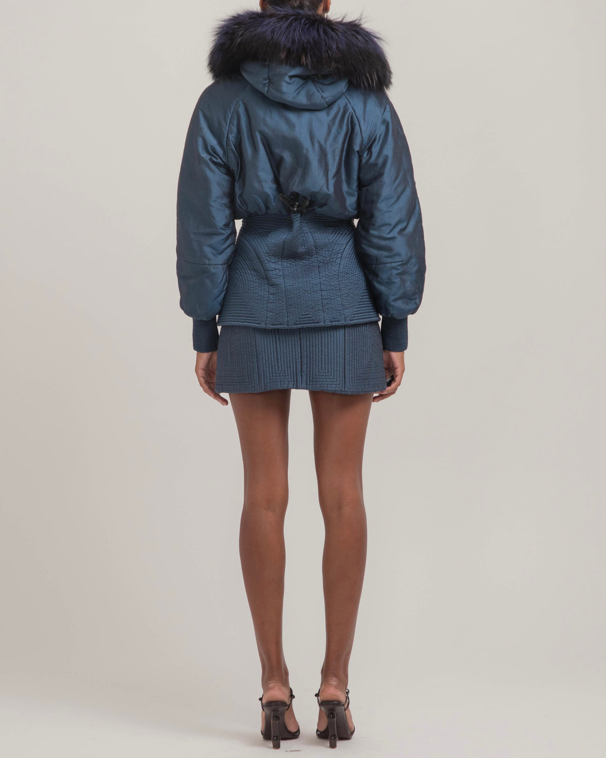 Alexander McQueen 2007 Blue Fox Fur Hood Bomber & Skirt Set