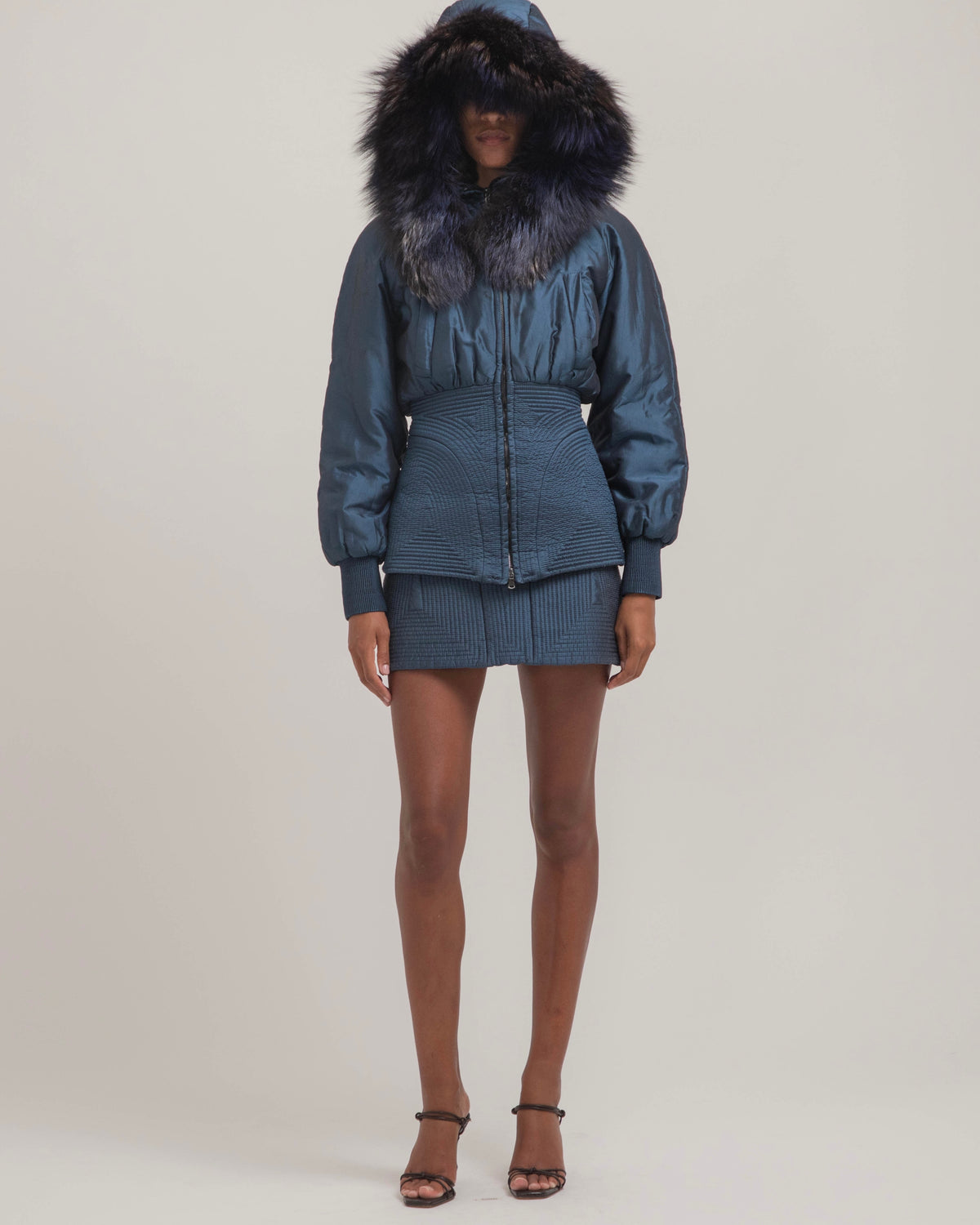 Alexander McQueen 2007 Blue Fox Fur Hood Bomber & Skirt Set