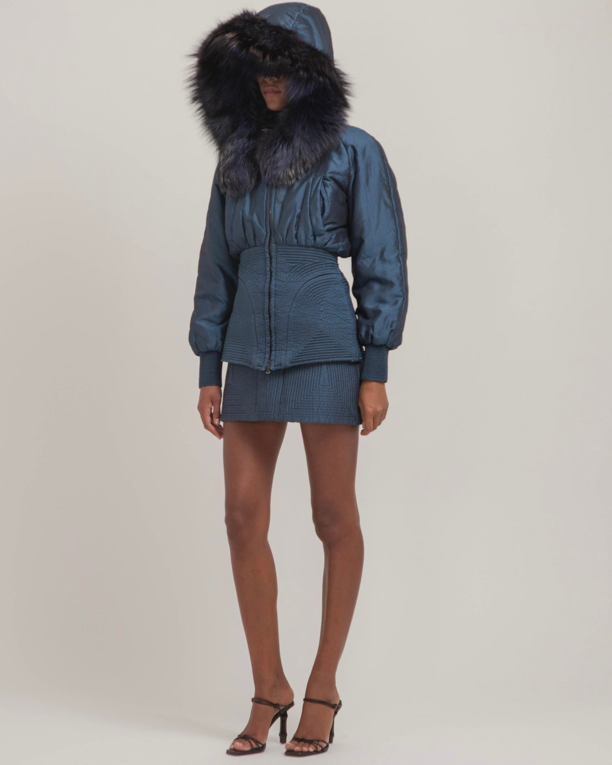 Alexander McQueen 2007 Blue Fox Fur Hood Bomber & Skirt Set